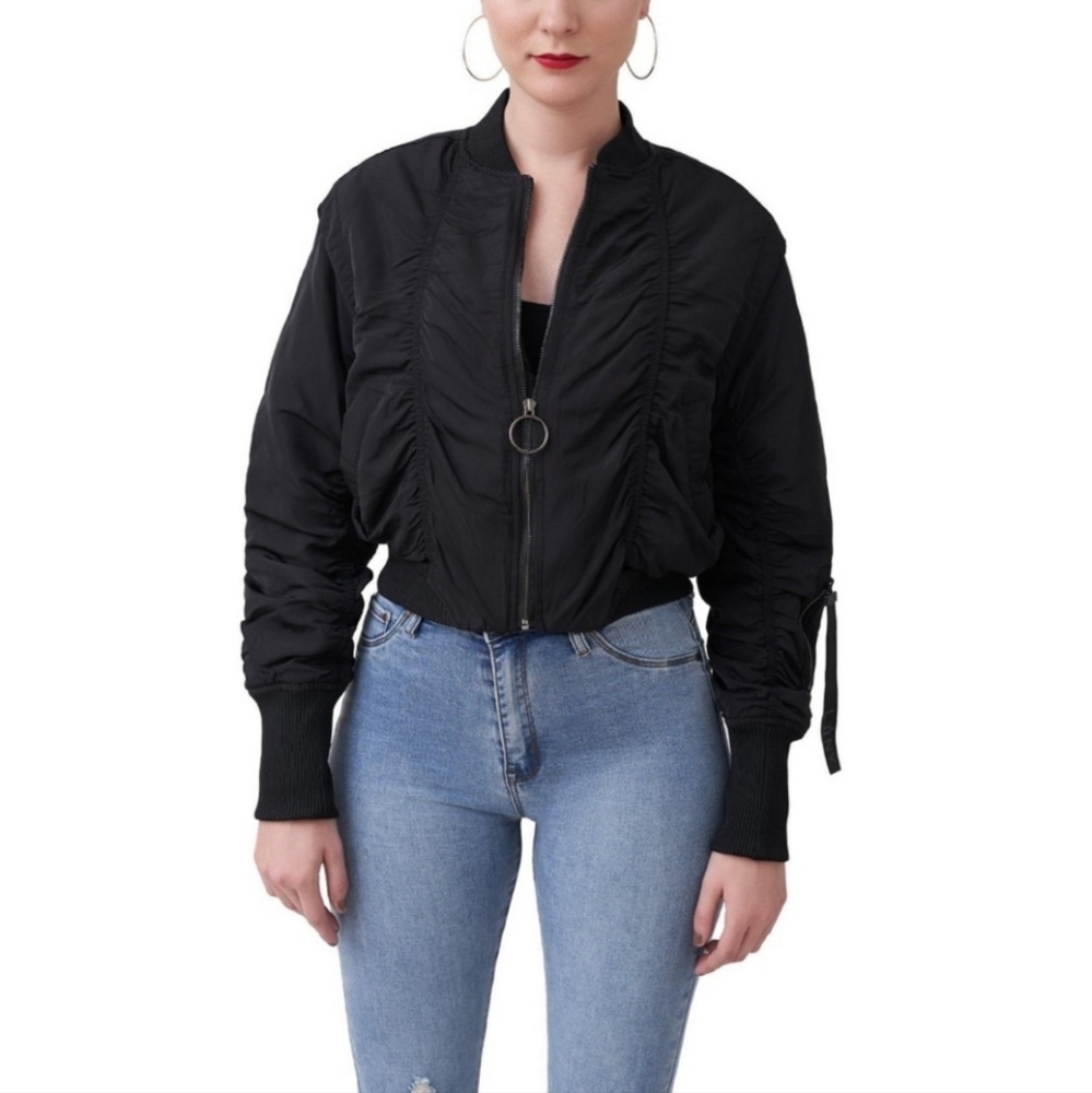 LALA Anthony Cropped Ruched Bomber Jacket Women's Large